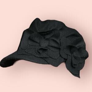 Vtg Womens Newsboy Hat Cap Black Wool Dark Academia Y2K 3D Flowers Driving Baker